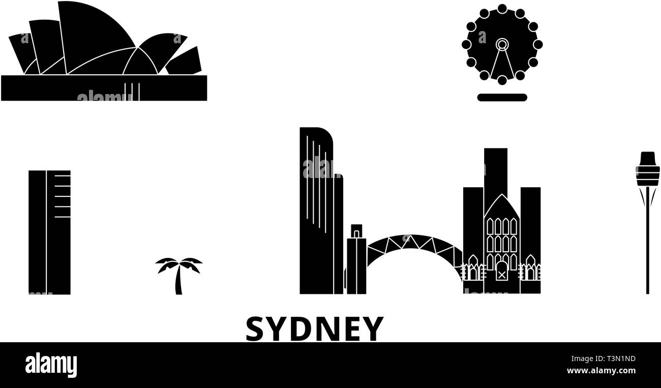 Australien, Sydney City Wohnung reisen Skyline. Australien, Sydney City schwarz Stadt Vektor-illustration, Symbol, Reisen, Sehenswürdigkeiten, Wahrzeichen. Stock Vektor