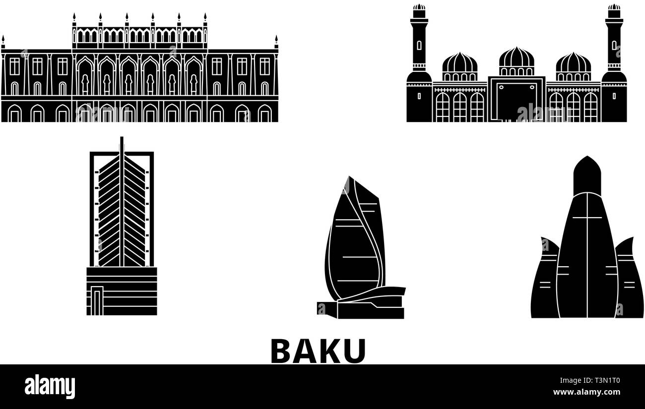Aserbaidschan, Baku flachen Reisen Skyline. Aserbaidschan, Baku schwarz Stadt Vektor-illustration, Symbol, Reisen, Sehenswürdigkeiten, Wahrzeichen. Stock Vektor
