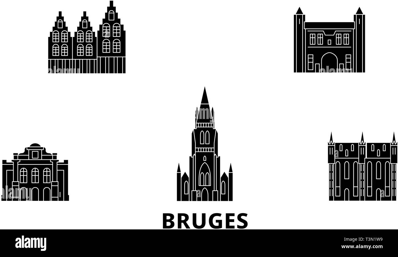 Belgien, Brügge Flachbild reisen Skyline. Belgien, Brügge schwarz Stadt Vektor-illustration, Symbol, Reisen, Sehenswürdigkeiten, Wahrzeichen. Stock Vektor