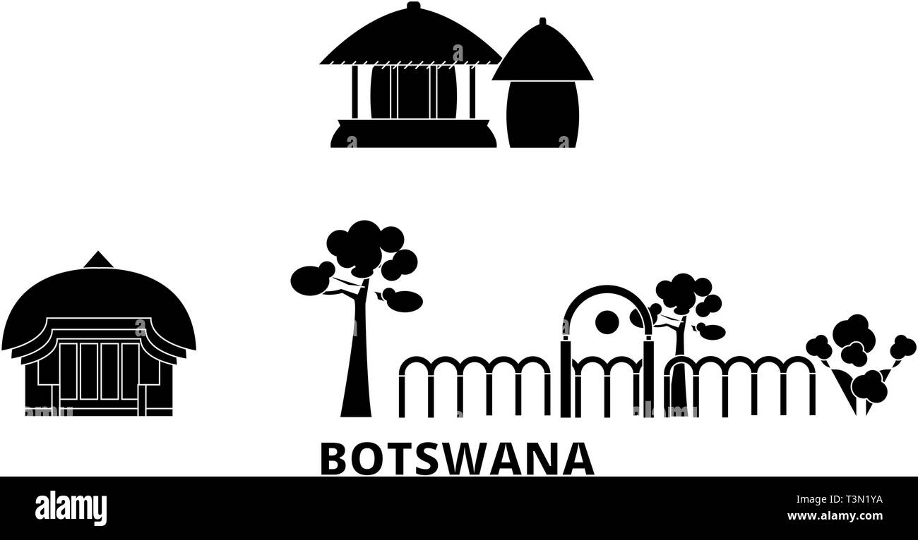 Botswana Flachbild reisen Skyline. Botswana schwarz Stadt Vektor-illustration, Symbol, Reisen, Sehenswürdigkeiten, Wahrzeichen. Stock Vektor