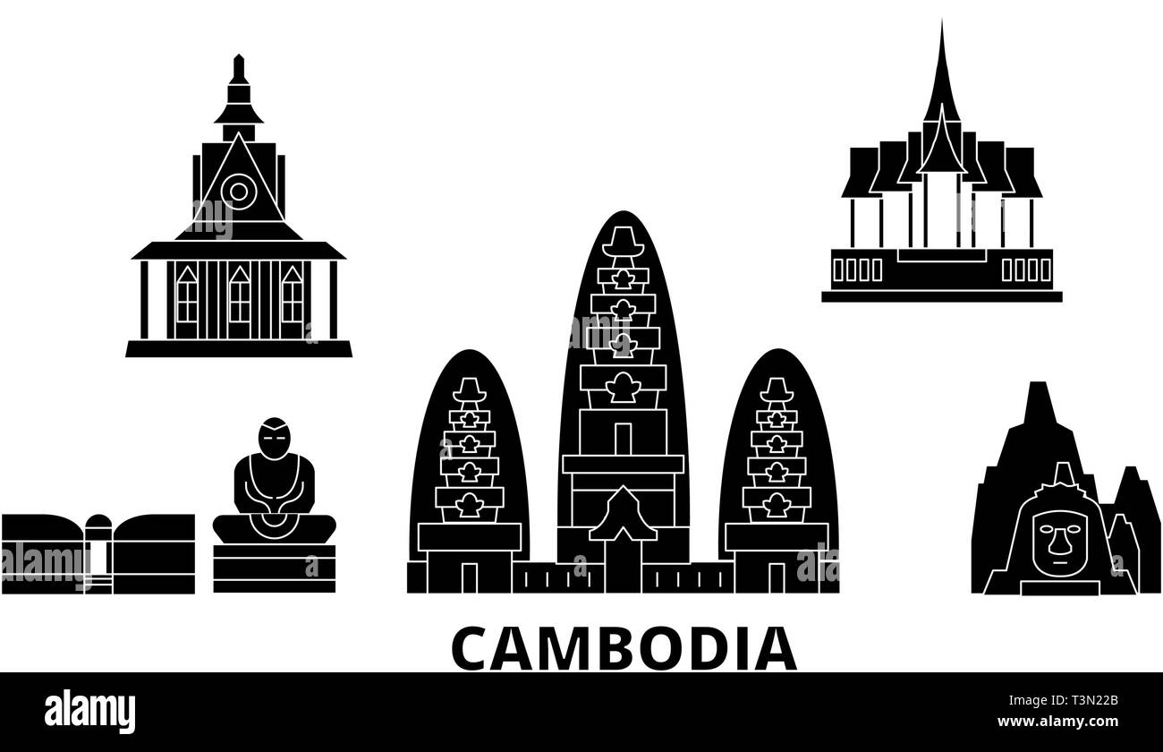 Kambodscha Flachbild reisen Skyline. Kambodscha schwarz Stadt Vektor-illustration, Symbol, Reisen, Sehenswürdigkeiten, Wahrzeichen. Stock Vektor