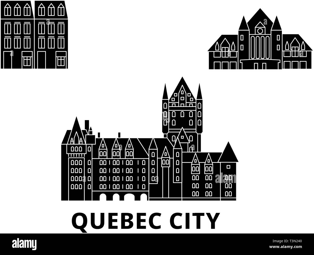 Kanada, Quebec City Wohnung reisen Skyline. Kanada, Quebec City schwarz Stadt Vektor-illustration, Symbol, Reisen, Sehenswürdigkeiten, Wahrzeichen. Stock Vektor