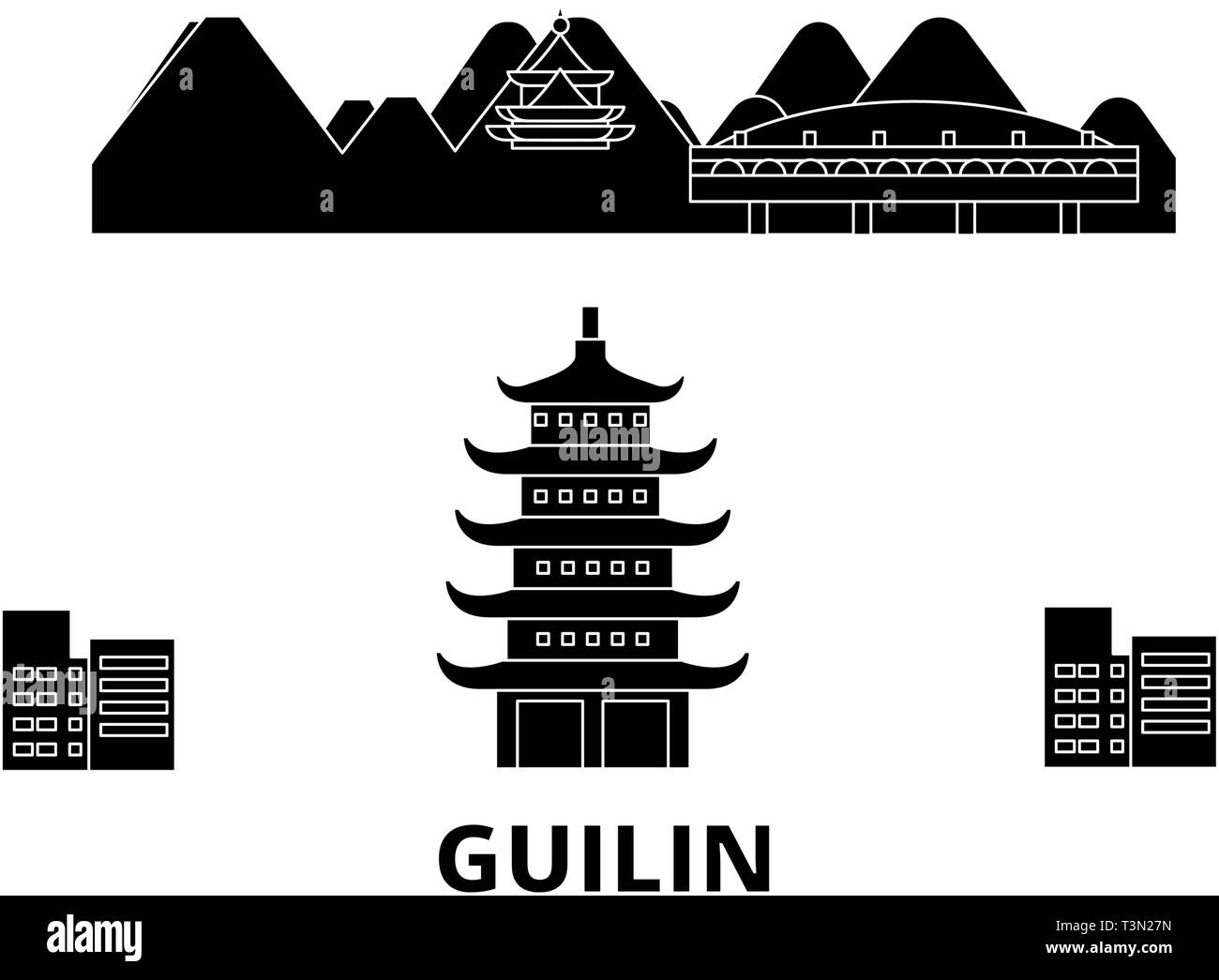 China Guilin Flachbild reisen Skyline. China Guilin schwarz Stadt Vektor-illustration, Symbol, Reisen, Sehenswürdigkeiten, Wahrzeichen. Stock Vektor