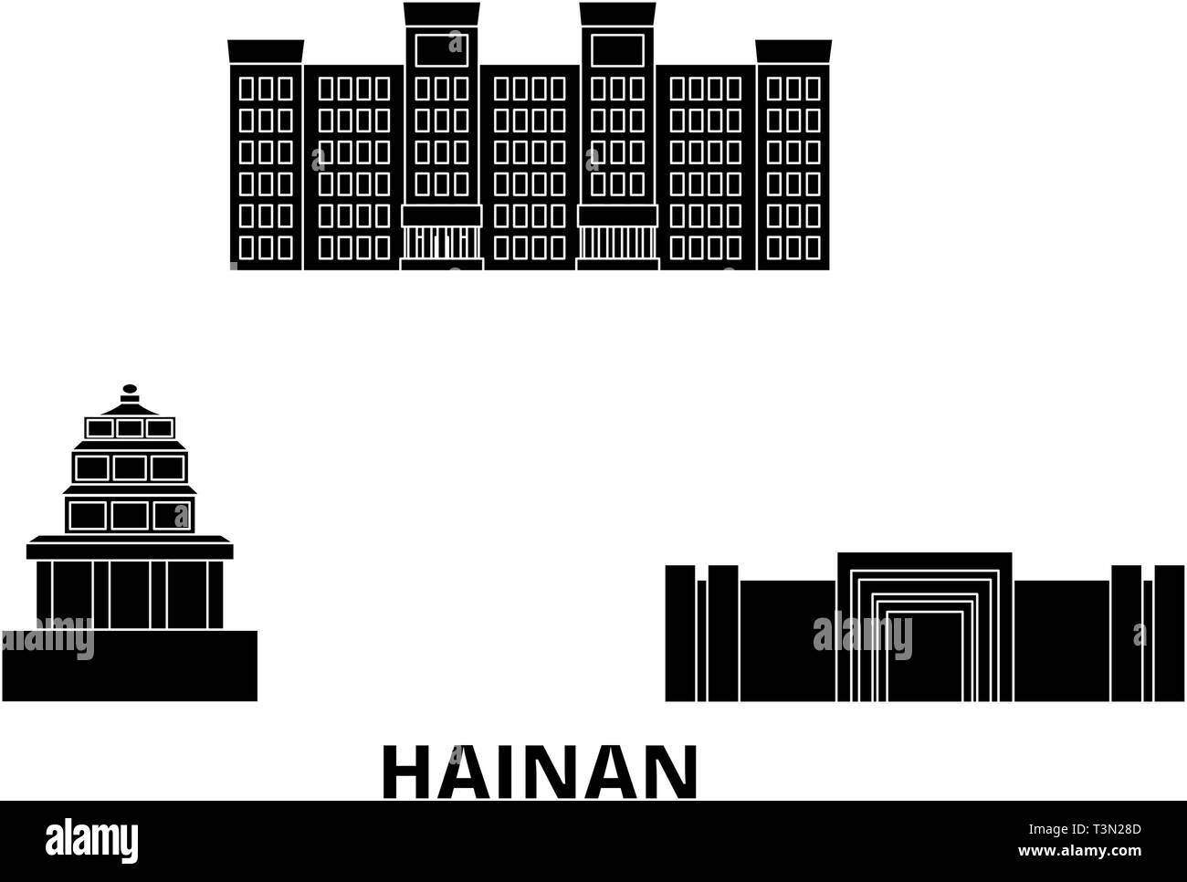 China Hainan Flachbild reisen Skyline. China Hainan schwarz Stadt Vektor-illustration, Symbol, Reisen, Sehenswürdigkeiten, Wahrzeichen. Stock Vektor