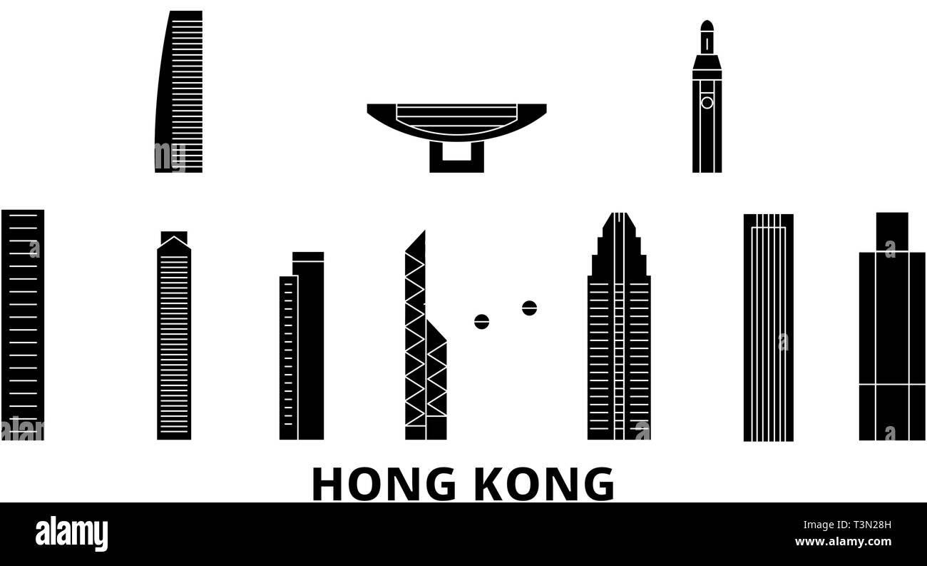 China, Hongkong Flachbild reisen Skyline. China, Hong Kong schwarz Stadt Vektor-illustration, Symbol, Reisen, Sehenswürdigkeiten, Wahrzeichen. Stock Vektor