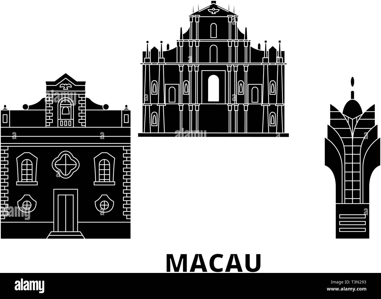 China, Macau Flachbild reisen Skyline. China, Macau schwarz Stadt Vektor-illustration, Symbol, Reisen, Sehenswürdigkeiten, Wahrzeichen. Stock Vektor