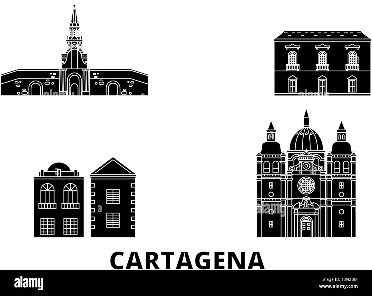 Kolumbien, Cartagena Flachbild reisen Skyline. Kolumbien, Cartagena schwarz Stadt Vektor-illustration, Symbol, Reisen, Sehenswürdigkeiten, Wahrzeichen. Stock Vektor