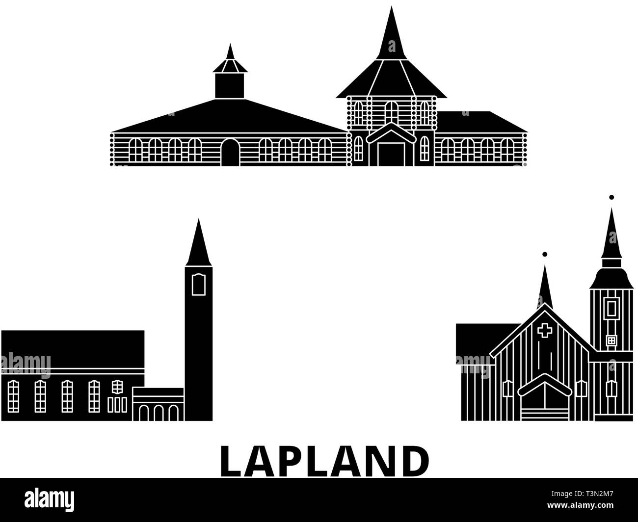 Finnland, Lappland Flachbild reisen Skyline. Finnland, Lappland schwarz Stadt Vektor-illustration, Symbol, Reisen, Sehenswürdigkeiten, Wahrzeichen. Stock Vektor