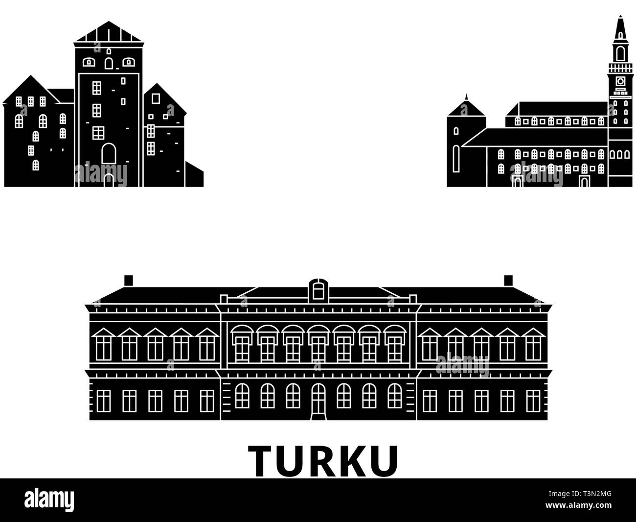 Finnland, Turku Wohnung reisen Skyline. Finnland, Turku schwarz Stadt Vektor-illustration, Symbol, Reisen, Sehenswürdigkeiten, Wahrzeichen. Stock Vektor