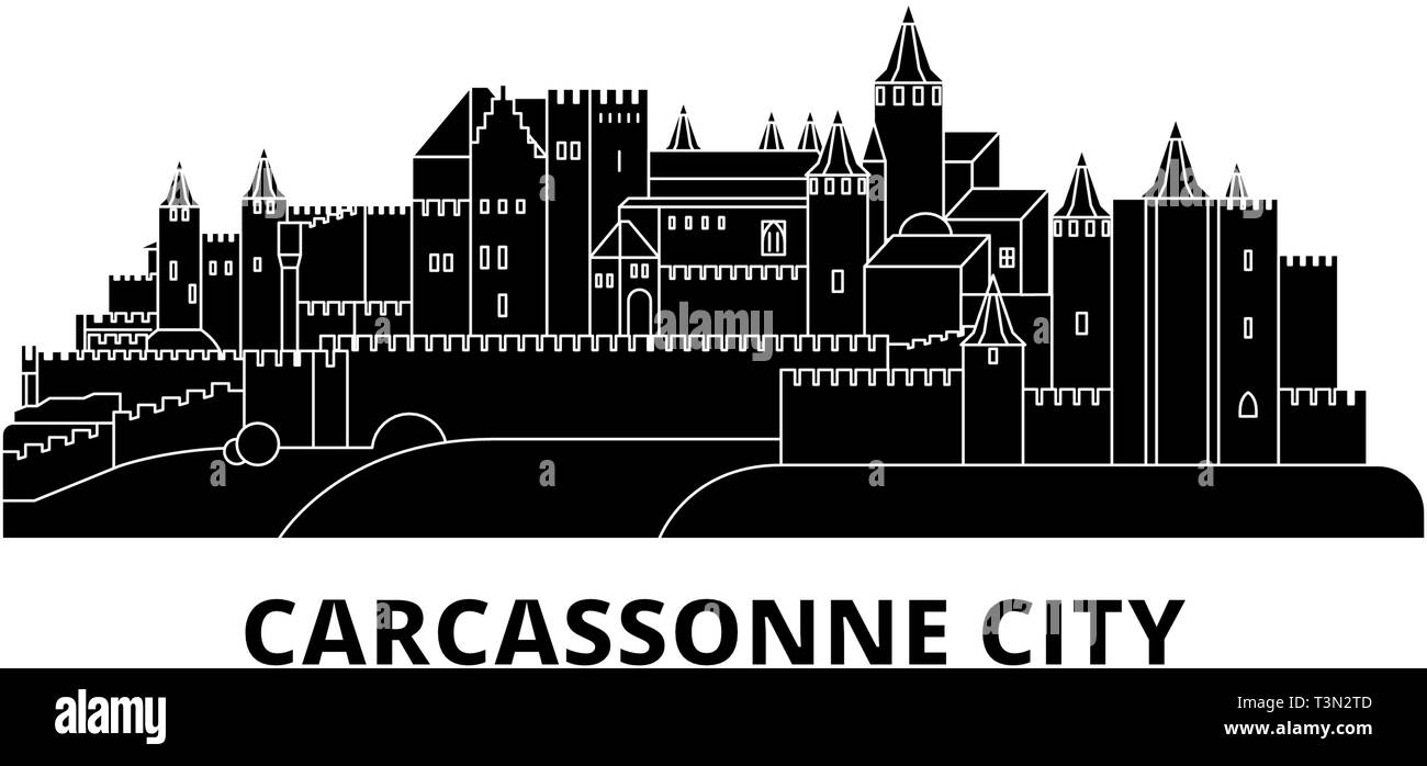 Frankreich, Carcassonne City Wohnung reisen Skyline. Frankreich, Carcassonne schwarz Stadt Vektor-illustration, Symbol, Reisen, Sehenswürdigkeiten, Wahrzeichen. Stock Vektor