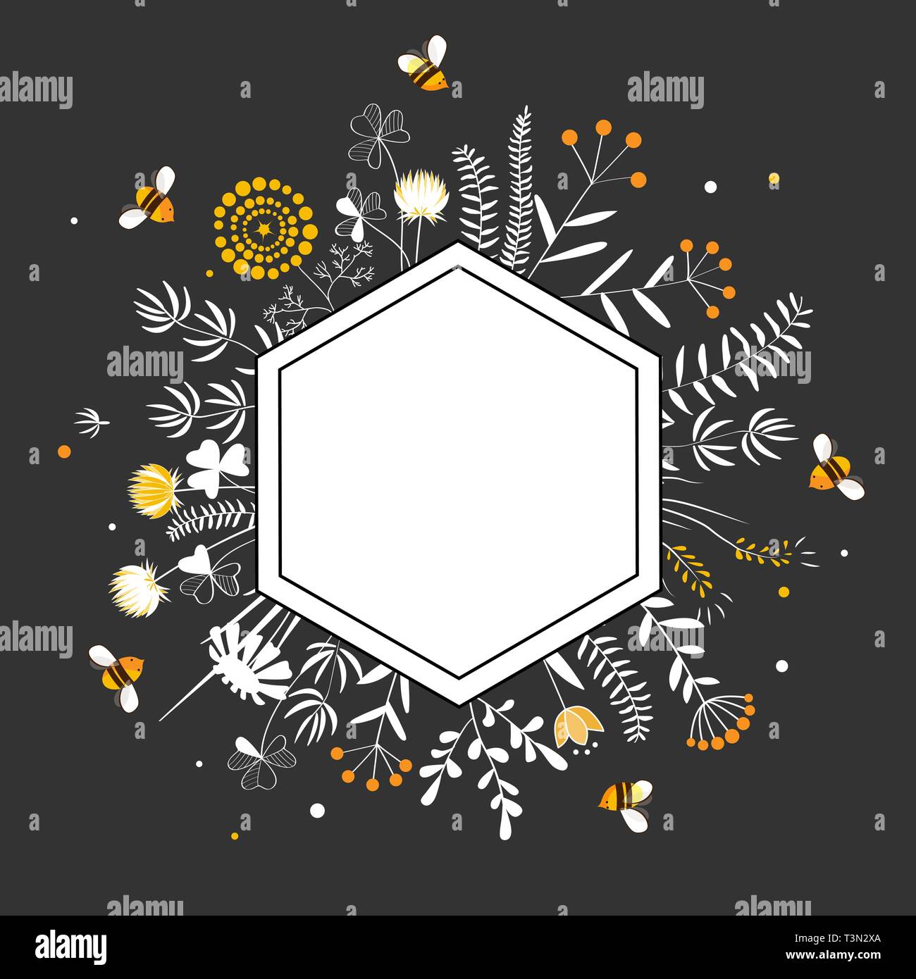 Stilvolle Hexagon Rahmen mit süßen Honig Blumen und Bienen. Premium Qualität Honig Label. Cartoon Vektor. Stock Vektor