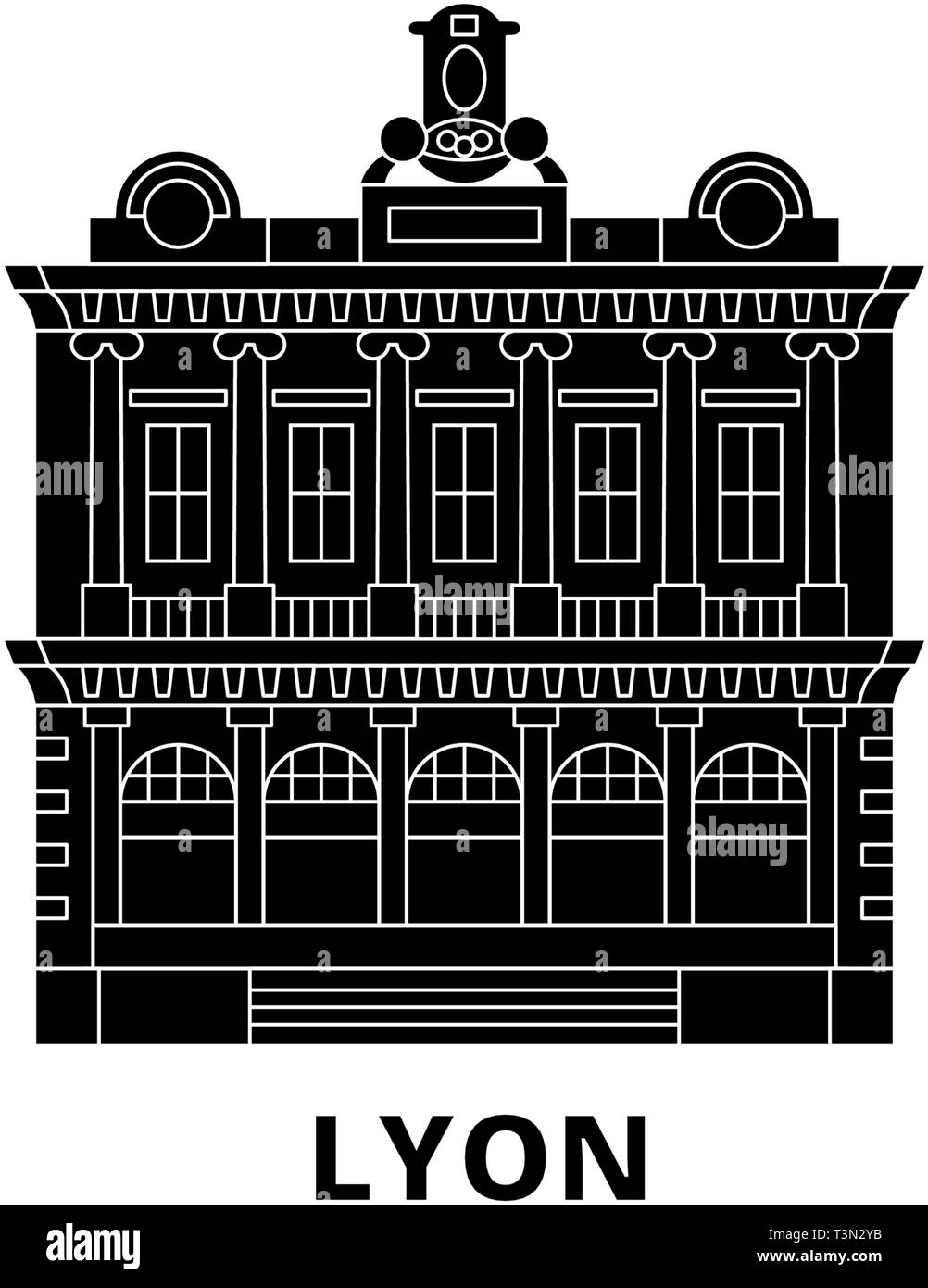 Frankreich, Lyon Wahrzeichen Flachbild reisen Skyline. Frankreich, Lyon schwarz Sehenswürdigkeit Stadt Vektor-illustration, Symbol, Reisen, Sehenswürdigkeiten, Wahrzeichen. Stock Vektor