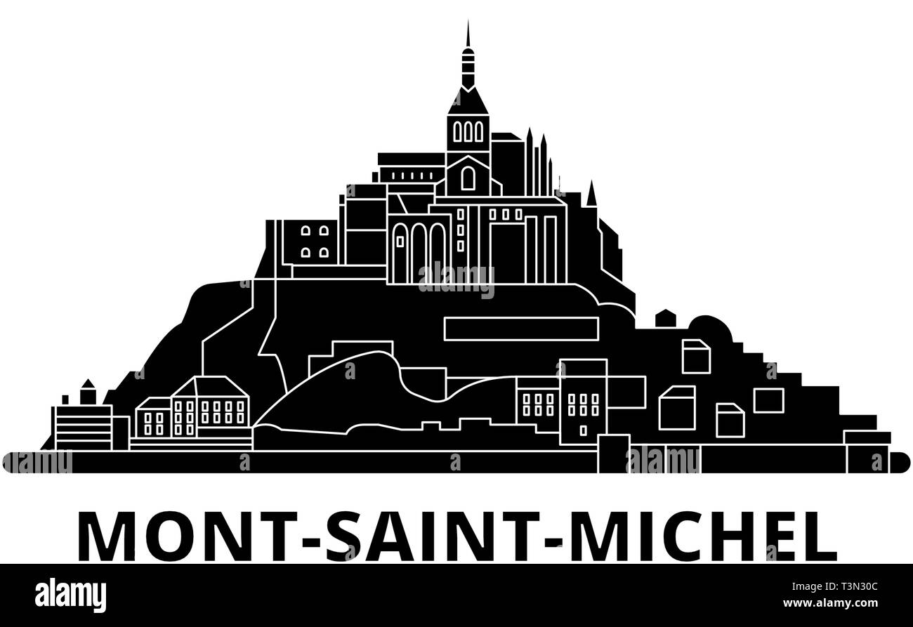 Frankreich, Mont Saint Michel und seine Bucht flach Reisen Skyline. Frankreich, Mont Saint Michel und seine Bucht schwarz Stadt Vektor-illustration, Symbol, Reisen Stock Vektor