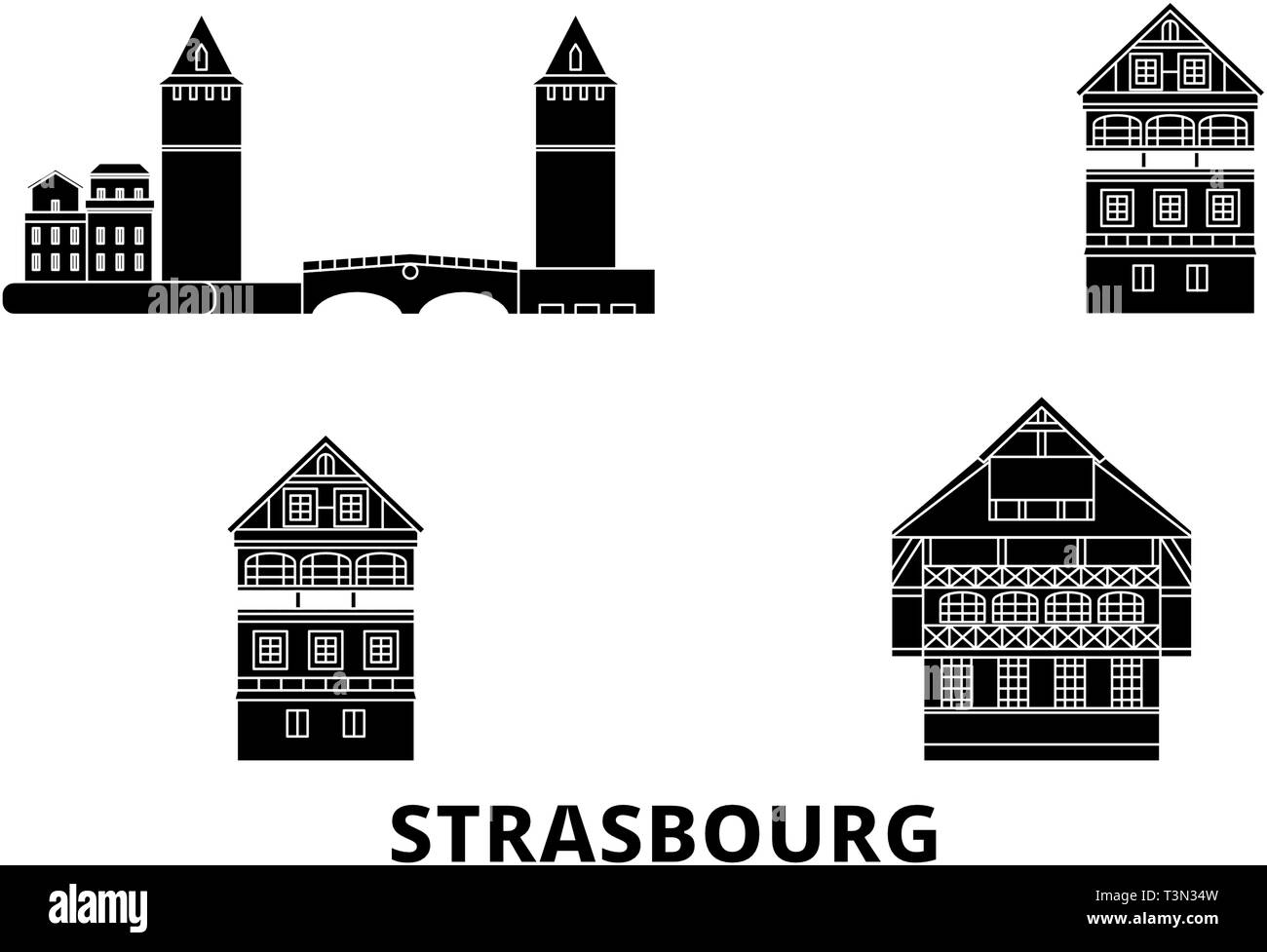 Frankreich, Straßburg City Wohnung reisen Skyline. Frankreich, die Stadt Straßburg schwarz Stadt Vektor-illustration, Symbol, Reisen, Sehenswürdigkeiten, Wahrzeichen. Stock Vektor