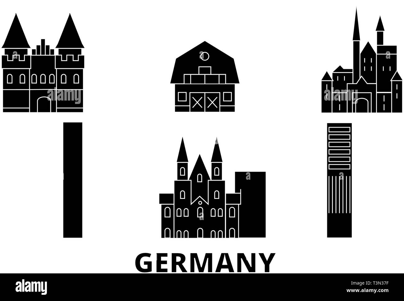 Deutschland Wohnung reisen Skyline. Deutschland schwarz Stadt Vektor-illustration, Symbol, Reisen, Sehenswürdigkeiten, Wahrzeichen. Stock Vektor