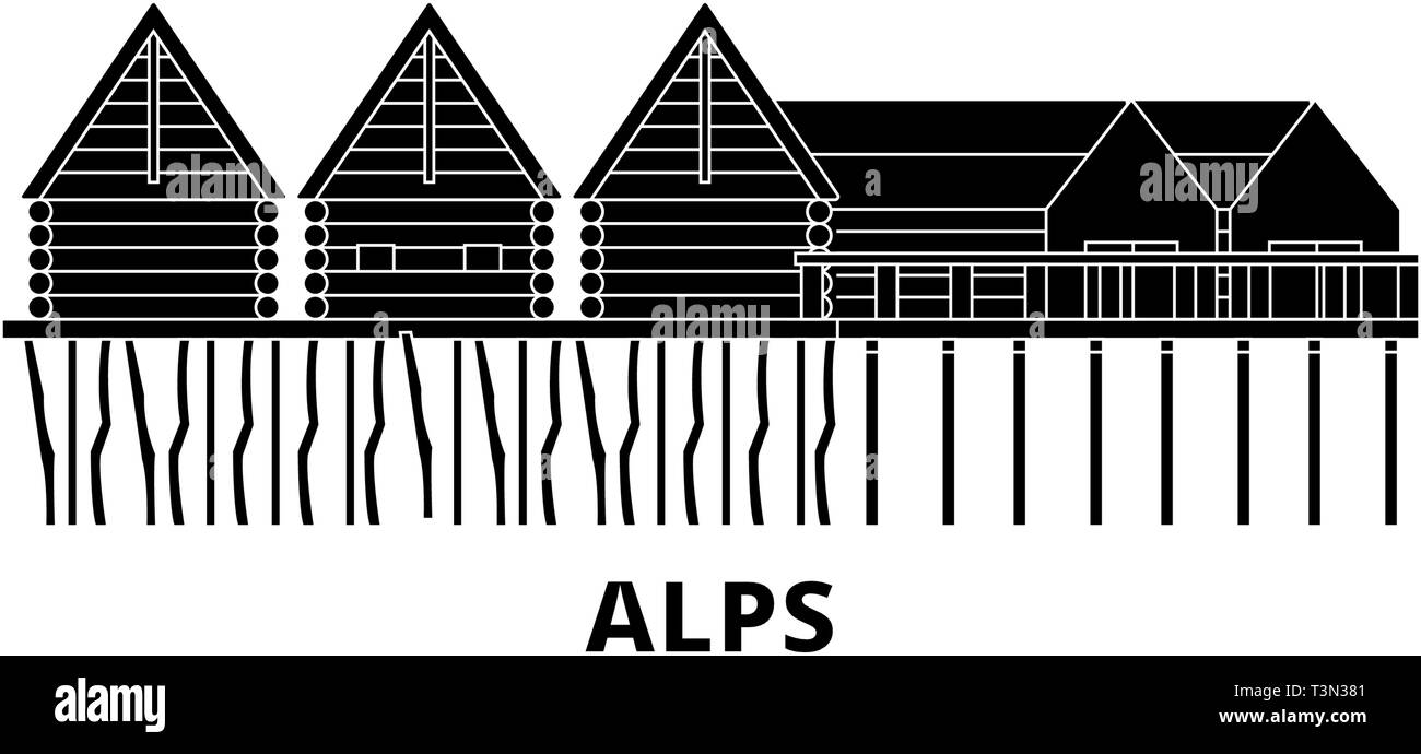 Deutschland, Alpen, Prähistorische Pfahlbauten Flachbild reisen Skyline. Deutschland, Alpen, Prähistorische Pfahlbauten schwarz Stadt Vektor-illustration, Symbol Stock Vektor