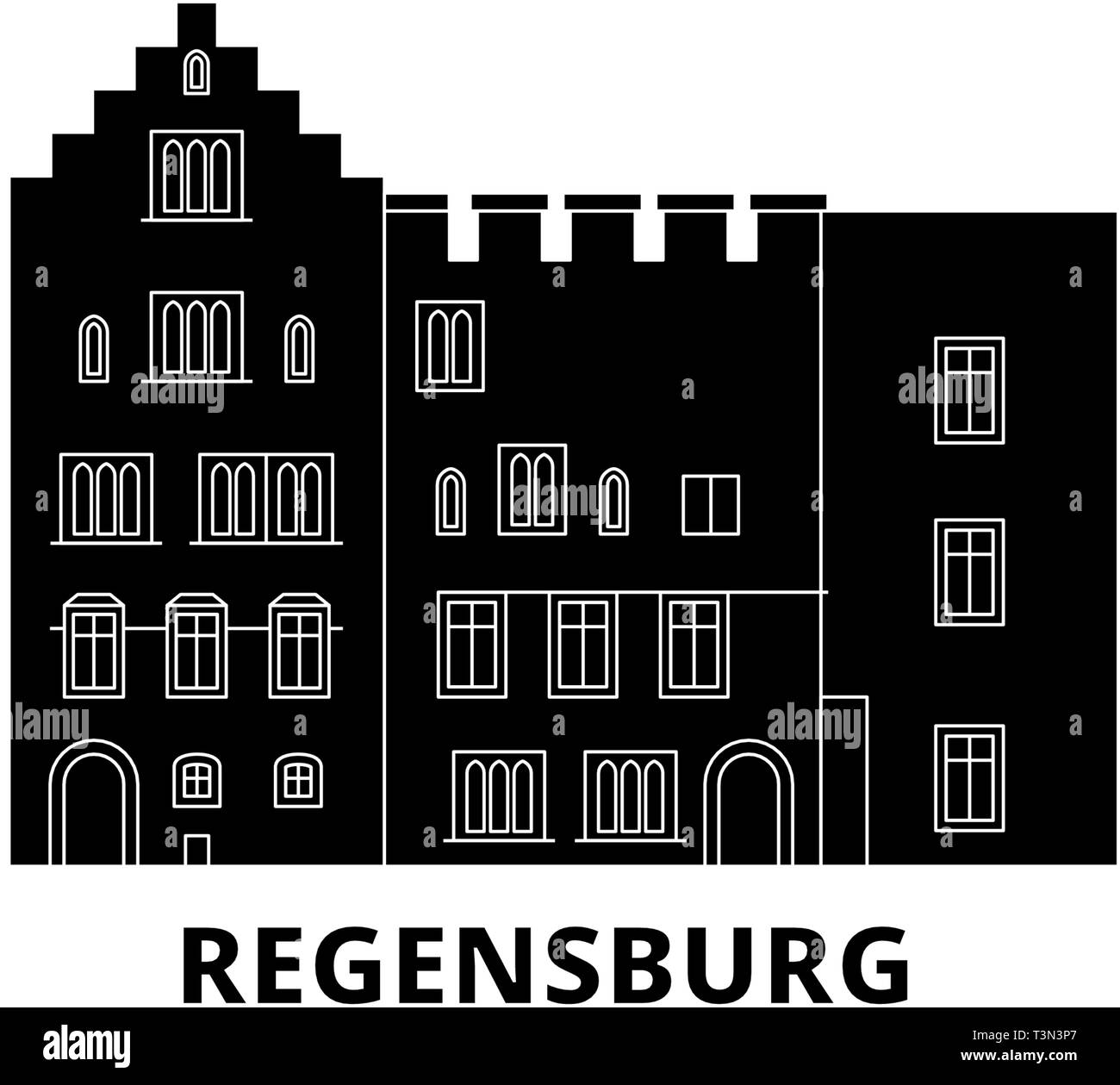 Deutschland, Regensburg Wohnung reisen Skyline. Deutschland, Regensburg schwarz Stadt Vektor-illustration, Symbol, Reisen, Sehenswürdigkeiten, Wahrzeichen. Stock Vektor