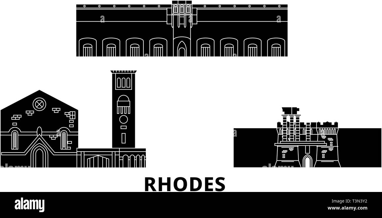 Griechenland, Rhodos Flachbild reisen Skyline. Griechenland, Rhodos schwarz Stadt Vektor-illustration, Symbol, Reisen, Sehenswürdigkeiten, Wahrzeichen. Stock Vektor