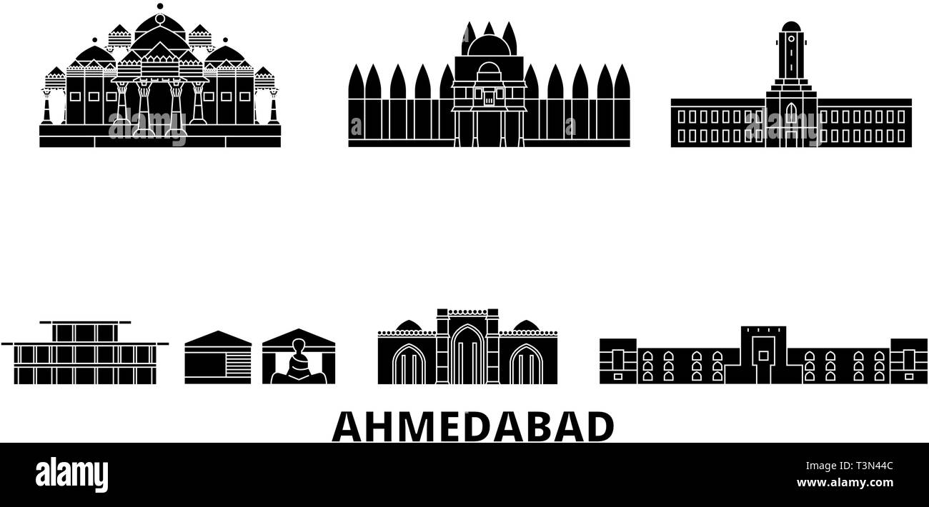 Indien, Ahmedabad Flachbild reisen Skyline. Indien, Ahmedabad schwarz Stadt Vektor-illustration, Symbol, Reisen, Sehenswürdigkeiten, Wahrzeichen. Stock Vektor