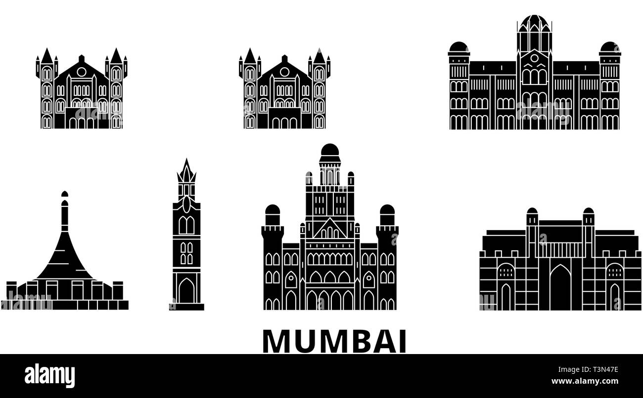 Indien, Mumbai 2 Flachbild reisen Skyline. Indien, Mumbai 2 schwarze Stadt Vektor-illustration, Symbol, Reisen, Sehenswürdigkeiten, Wahrzeichen. Stock Vektor