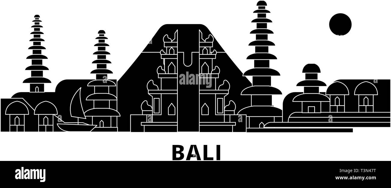 Indonesien, Bali Flachbild reisen Skyline. Indonesien, Bali schwarz Stadt Vektor-illustration, Symbol, Reisen, Sehenswürdigkeiten, Wahrzeichen. Stock Vektor