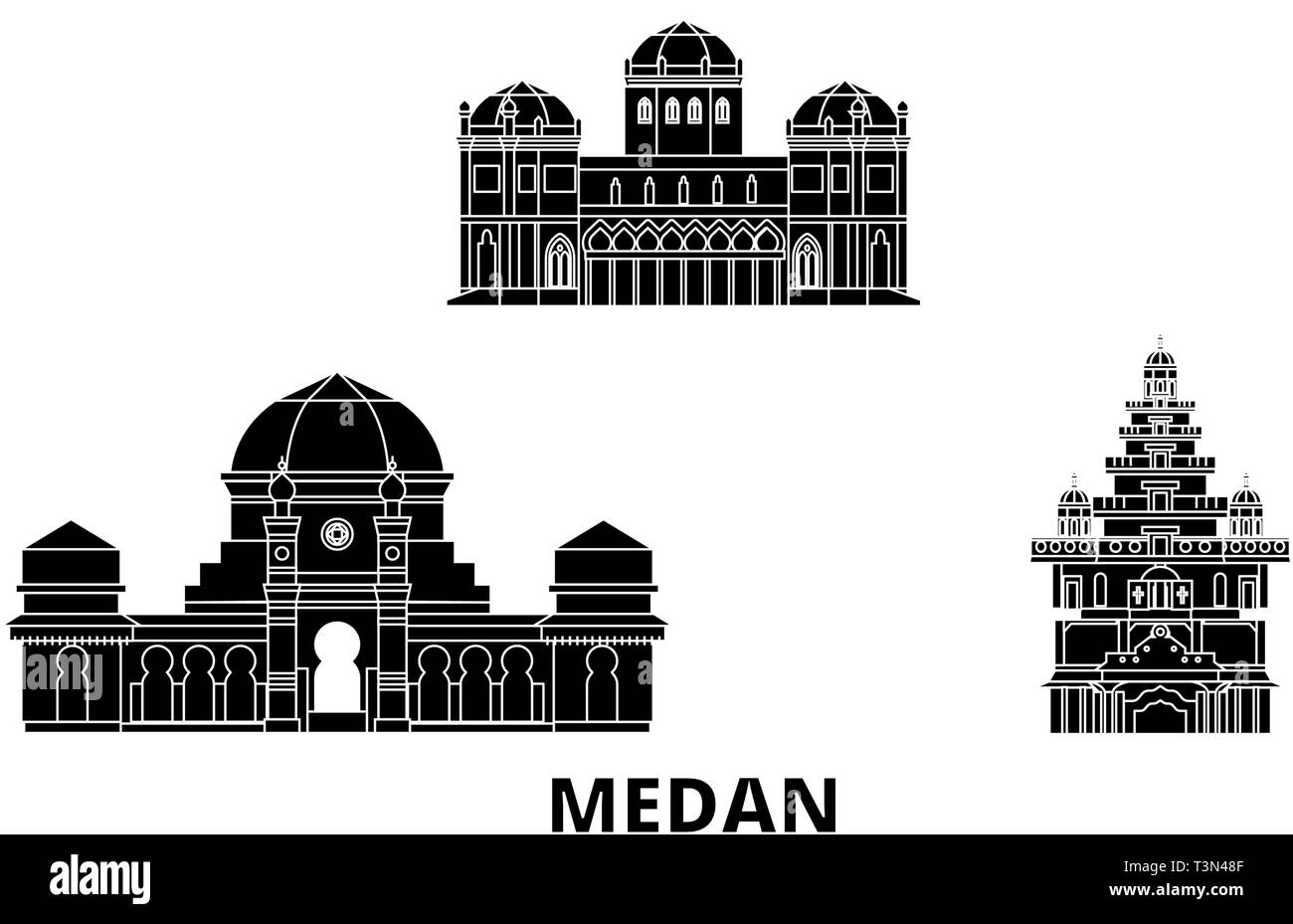 Indonesien, Medan Flachbild reisen Skyline. Indonesien, Medan schwarz Stadt Vektor-illustration, Symbol, Reisen, Sehenswürdigkeiten, Wahrzeichen. Stock Vektor