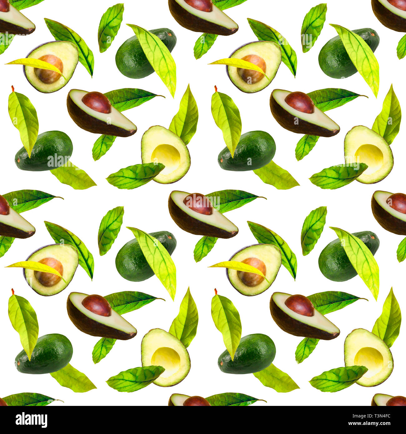 Wiederholen Fliese abstrakter Entwurf von Avocados und Blätter auf einem weißen Hintergrund, passend für für Tapeten oder Stoff design Stockfoto