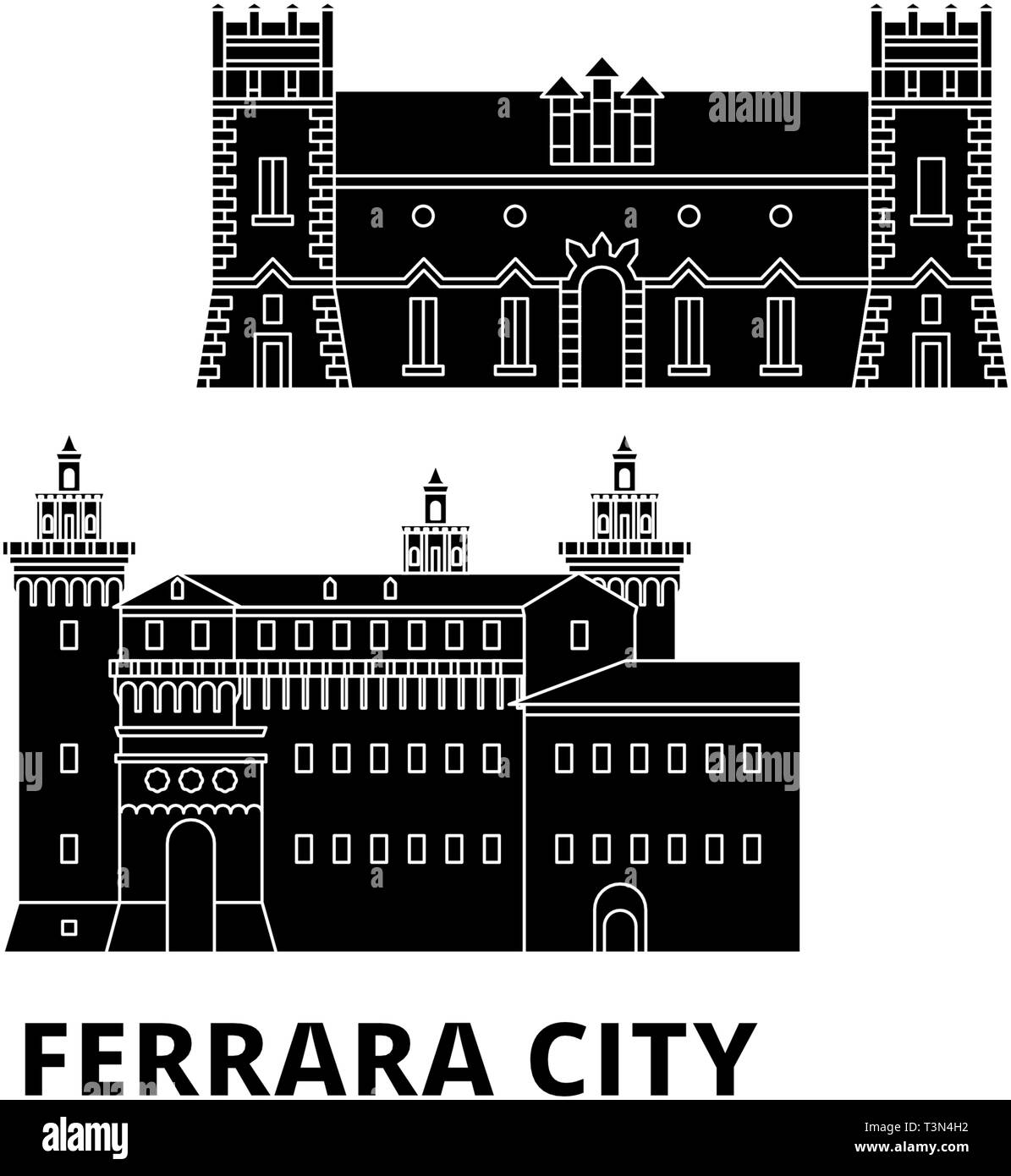 Italien, Ferrara City Wohnung reisen Skyline. Italien, Ferrara City schwarz Stadt Vektor-illustration, Symbol, Reisen, Sehenswürdigkeiten, Wahrzeichen. Stock Vektor