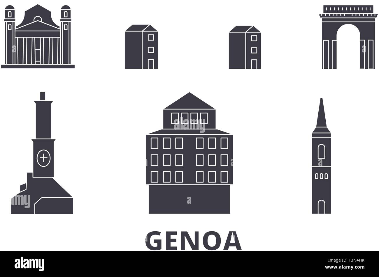 Italien, Genua Flachbild reisen Skyline. Italien, Genua schwarz Stadt Vektor-illustration, Symbol, Reisen, Sehenswürdigkeiten, Wahrzeichen. Stock Vektor