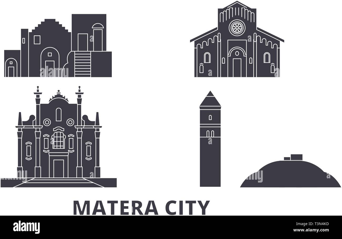 Italien, Matera City Wohnung reisen Skyline. Italien, Matera Stadt schwarz Stadt Vektor-illustration, Symbol, Reisen, Sehenswürdigkeiten, Wahrzeichen. Stock Vektor