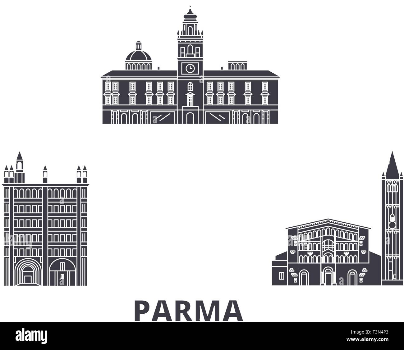 Italien, Parma Flachbild reisen Skyline. Italien, Parma schwarz Stadt Vektor-illustration, Symbol, Reisen, Sehenswürdigkeiten, Wahrzeichen. Stock Vektor