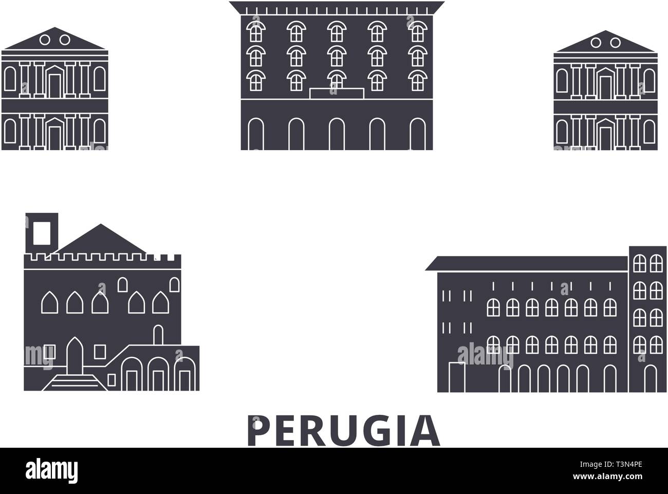 Italien, Perugia Flachbild reisen Skyline. Italien, Perugia schwarz Stadt Vektor-illustration, Symbol, Reisen, Sehenswürdigkeiten, Wahrzeichen. Stock Vektor