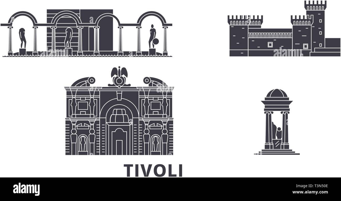 Italien, Tivoli Flachbild reisen Skyline. Italien, Tivoli schwarz Stadt Vektor-illustration, Symbol, Reisen, Sehenswürdigkeiten, Wahrzeichen. Stock Vektor