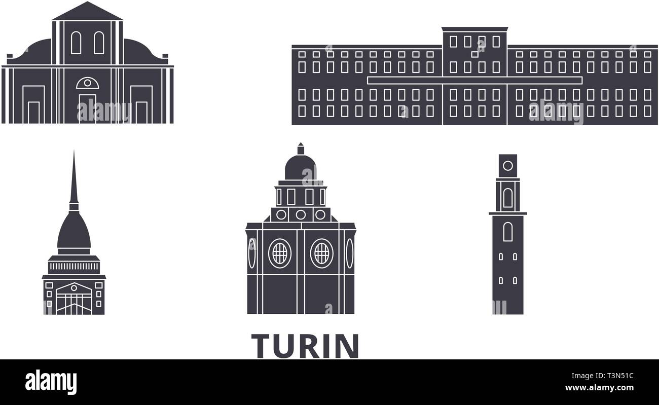 Italien, Turin Flachbild reisen Skyline. Italien, Turin schwarz Stadt Vektor-illustration, Symbol, Reisen, Sehenswürdigkeiten, Wahrzeichen. Stock Vektor