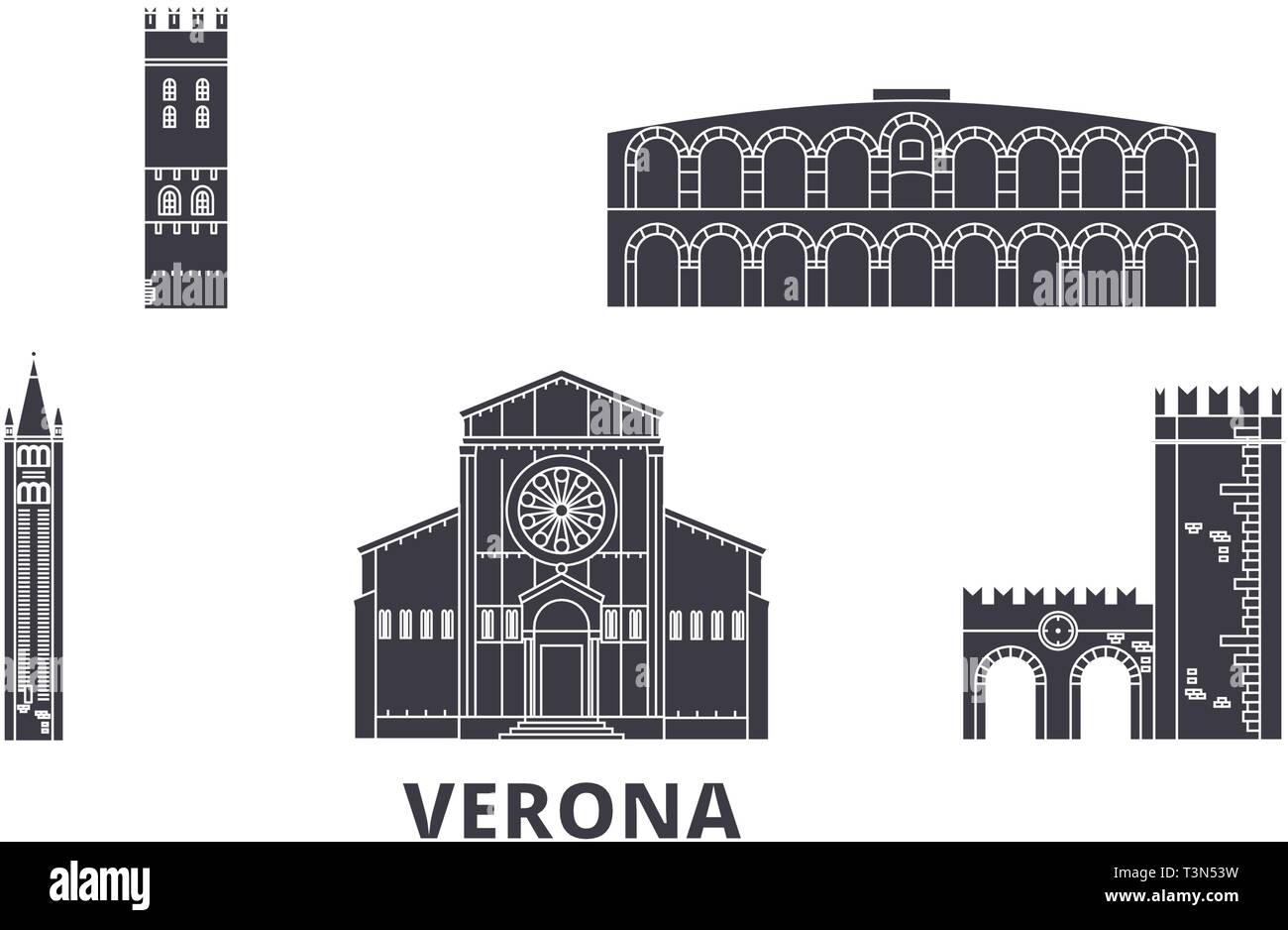 Italien, Verona Flachbild reisen Skyline. Italien, Verona schwarz Stadt Vektor-illustration, Symbol, Reisen, Sehenswürdigkeiten, Wahrzeichen. Stock Vektor