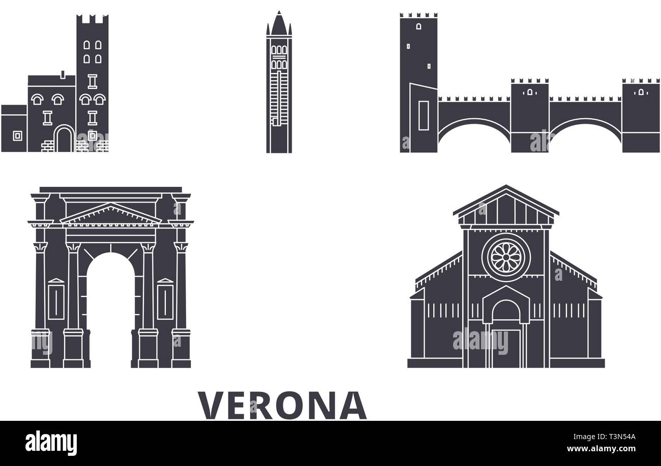 Italien, Verona City Wohnung reisen Skyline. Italien, Verona City schwarz Stadt Vektor-illustration, Symbol, Reisen, Sehenswürdigkeiten, Wahrzeichen. Stock Vektor
