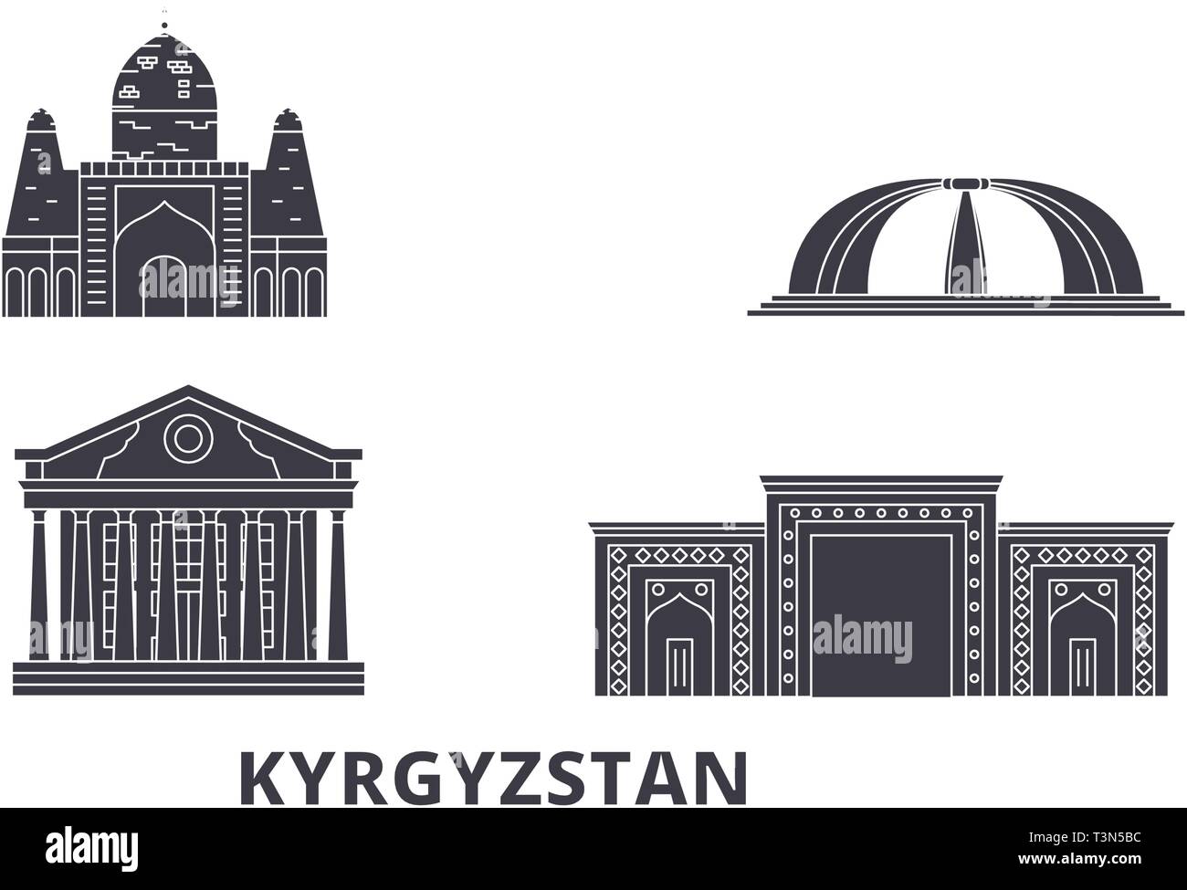 Kirgisistan Flachbild reisen Skyline. Kirgisistan schwarz Stadt Vektor-illustration, Symbol, Reisen, Sehenswürdigkeiten, Wahrzeichen. Stock Vektor