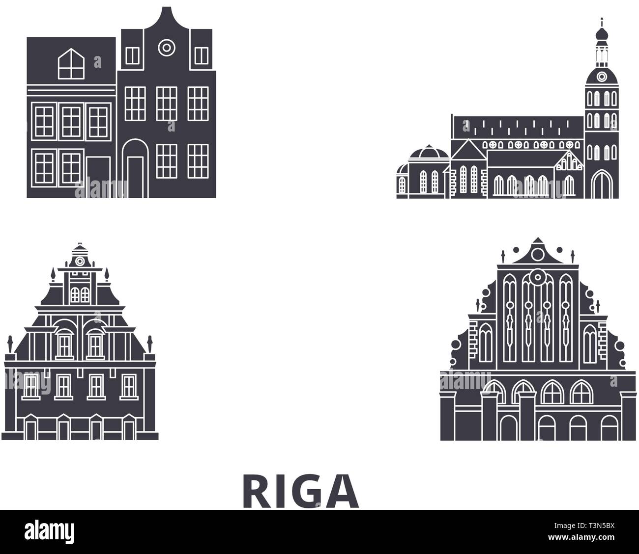 Lettland, Riga Flachbild reisen Skyline. Lettland, Riga schwarz Stadt Vektor-illustration, Symbol, Reisen, Sehenswürdigkeiten, Wahrzeichen. Stock Vektor