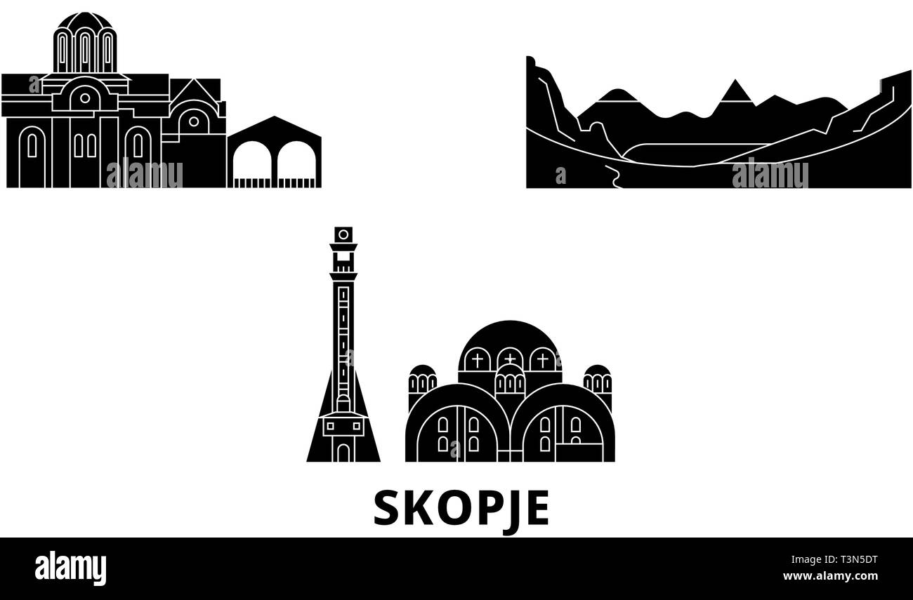 Mazedonien, Skopje Flachbild reisen Skyline. Mazedonien, Skopje Schwarzes Stadt Vektor-illustration, Symbol, Reisen, Sehenswürdigkeiten, Wahrzeichen. Stock Vektor