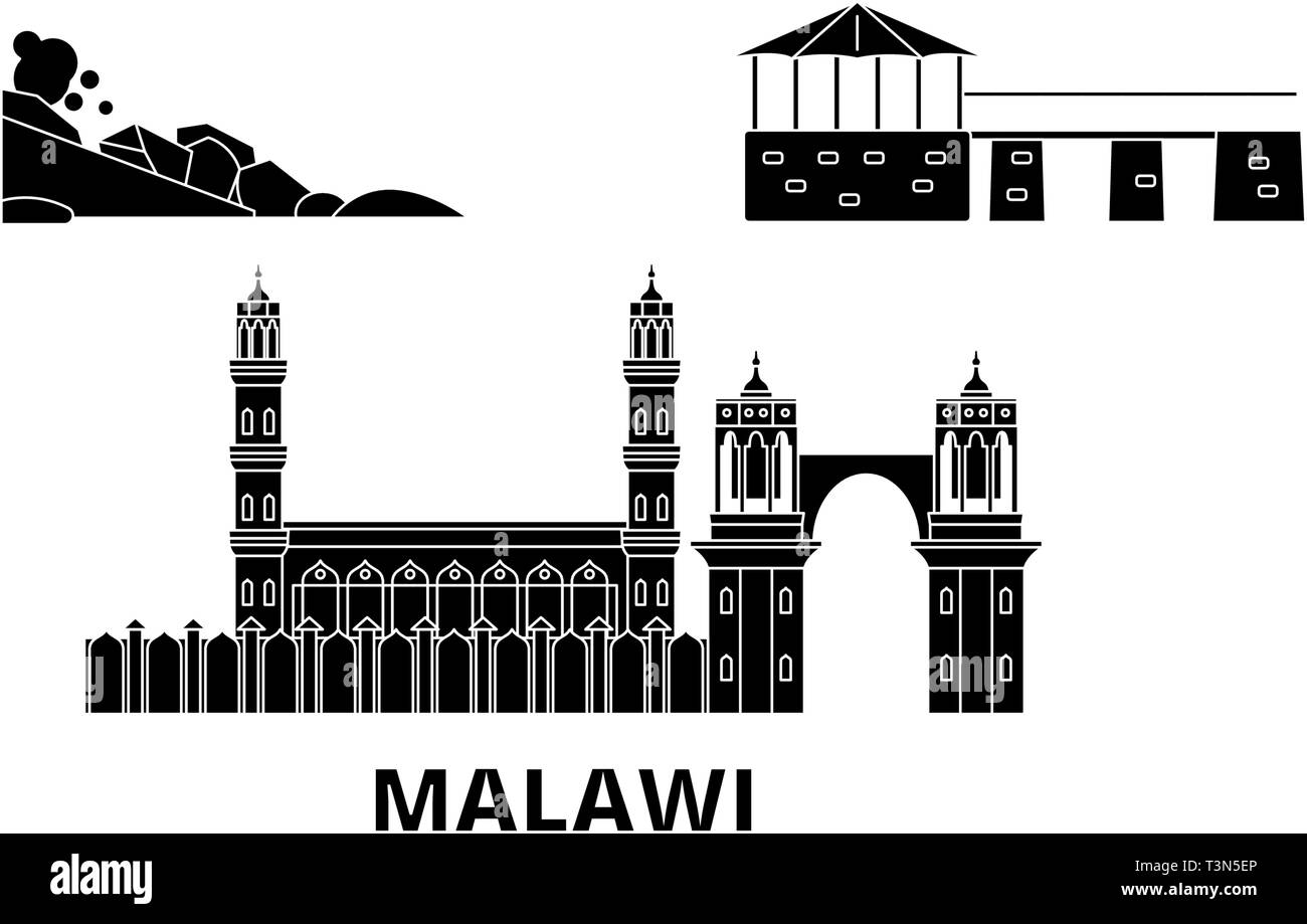 Malawi Flachbild reisen Skyline. Malawi schwarz Stadt Vektor-illustration, Symbol, Reisen, Sehenswürdigkeiten, Wahrzeichen. Stock Vektor