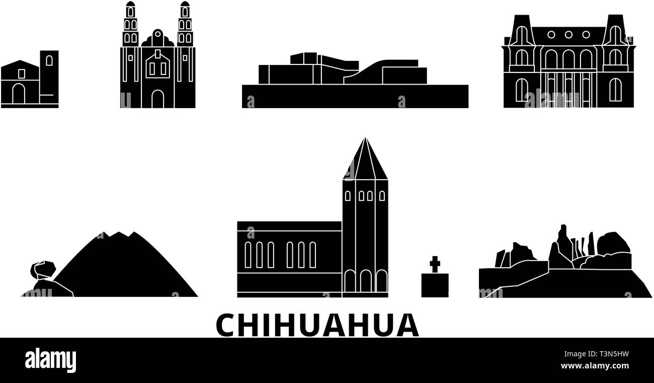 Mexiko, Chihuahua Flachbild reisen Skyline. Mexiko, Chihuahua schwarz Stadt Vektor-illustration, Symbol, Reisen, Sehenswürdigkeiten, Wahrzeichen. Stock Vektor