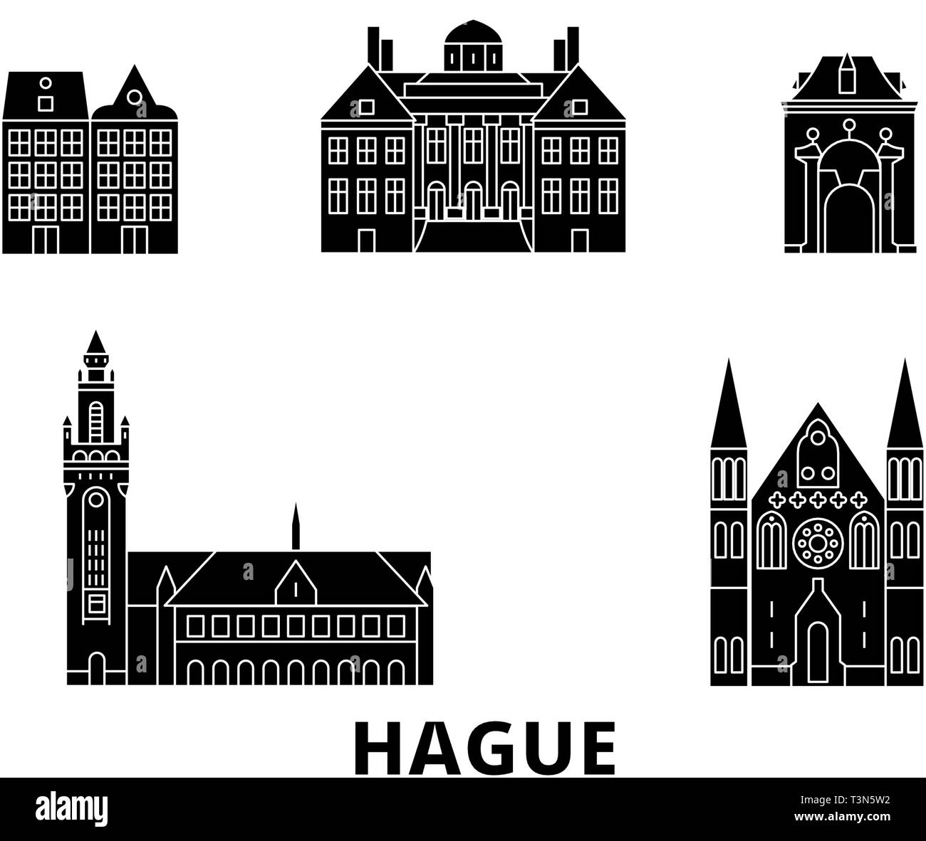 Niederlande, Den Haag Flachbild reisen Skyline. Niederlande, Den Haag schwarz Stadt Vektor-illustration, Symbol, Reisen, Sehenswürdigkeiten, Wahrzeichen. Stock Vektor