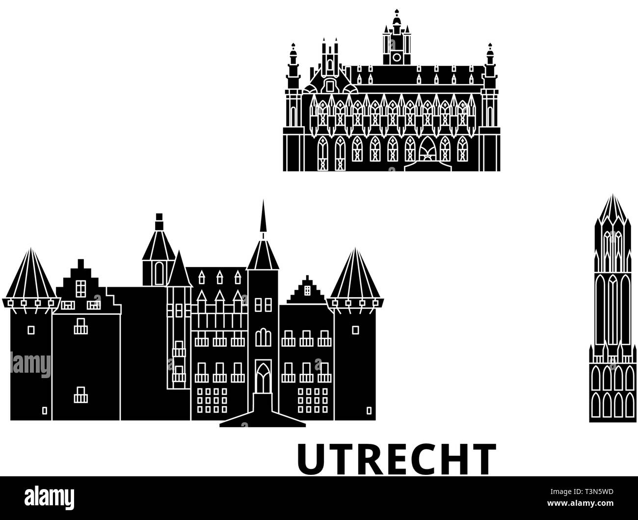 Niederlande, Utrecht Flachbild reisen Skyline. Niederlande, Utrecht schwarz Stadt Vektor-illustration, Symbol, Reisen, Sehenswürdigkeiten, Wahrzeichen. Stock Vektor