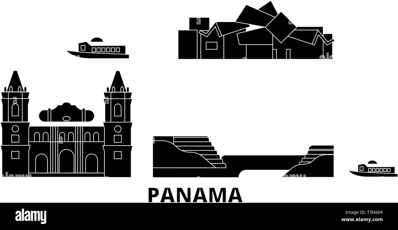 Panama Flachbild reisen Skyline. Panama schwarz Stadt Vektor-illustration, Symbol, Reisen, Sehenswürdigkeiten, Wahrzeichen. Stock Vektor