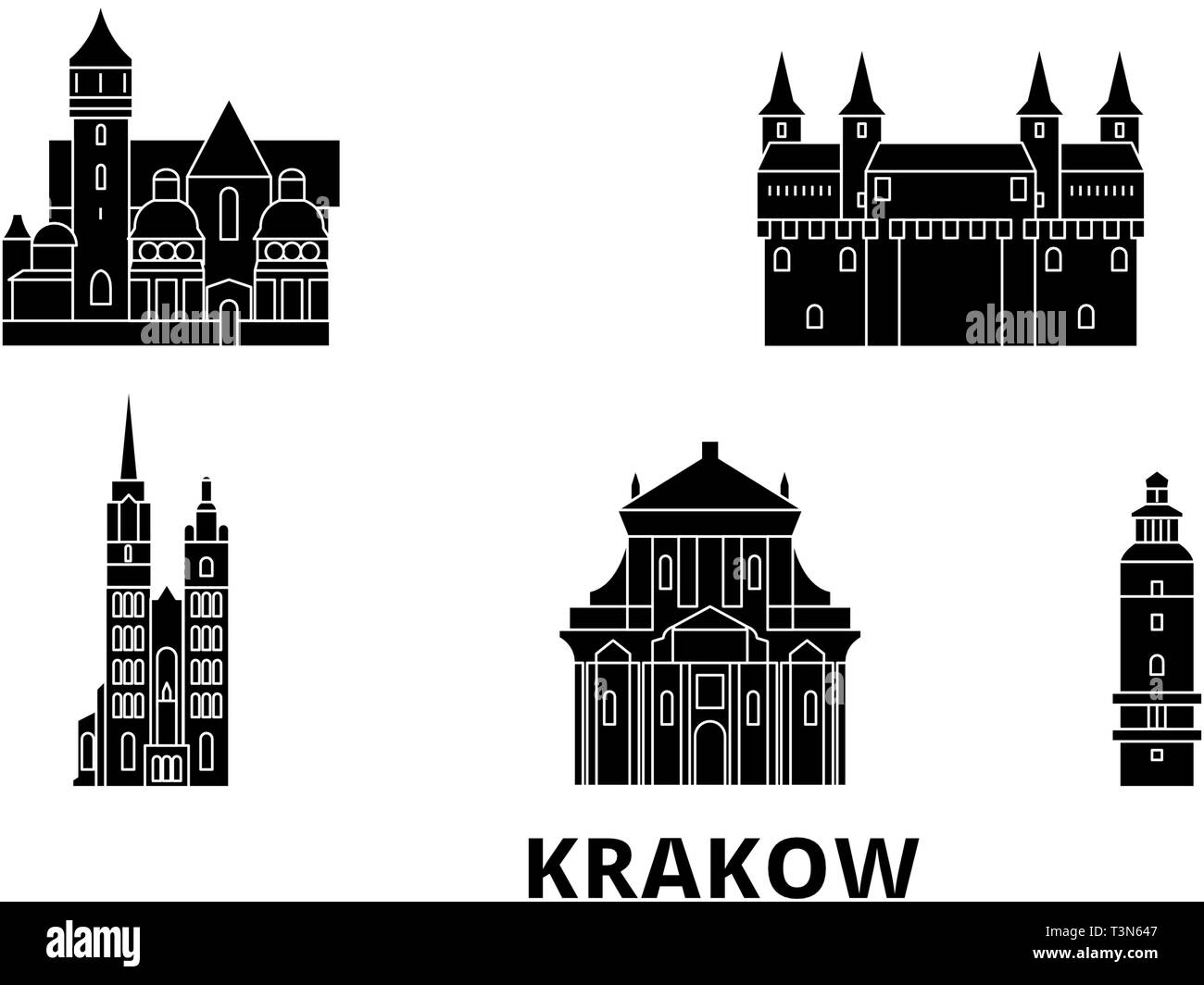 Polen, Krakau Flachbild reisen Skyline. Polen, Krakau schwarz Stadt Vektor-illustration, Symbol, Reisen, Sehenswürdigkeiten, Wahrzeichen. Stock Vektor