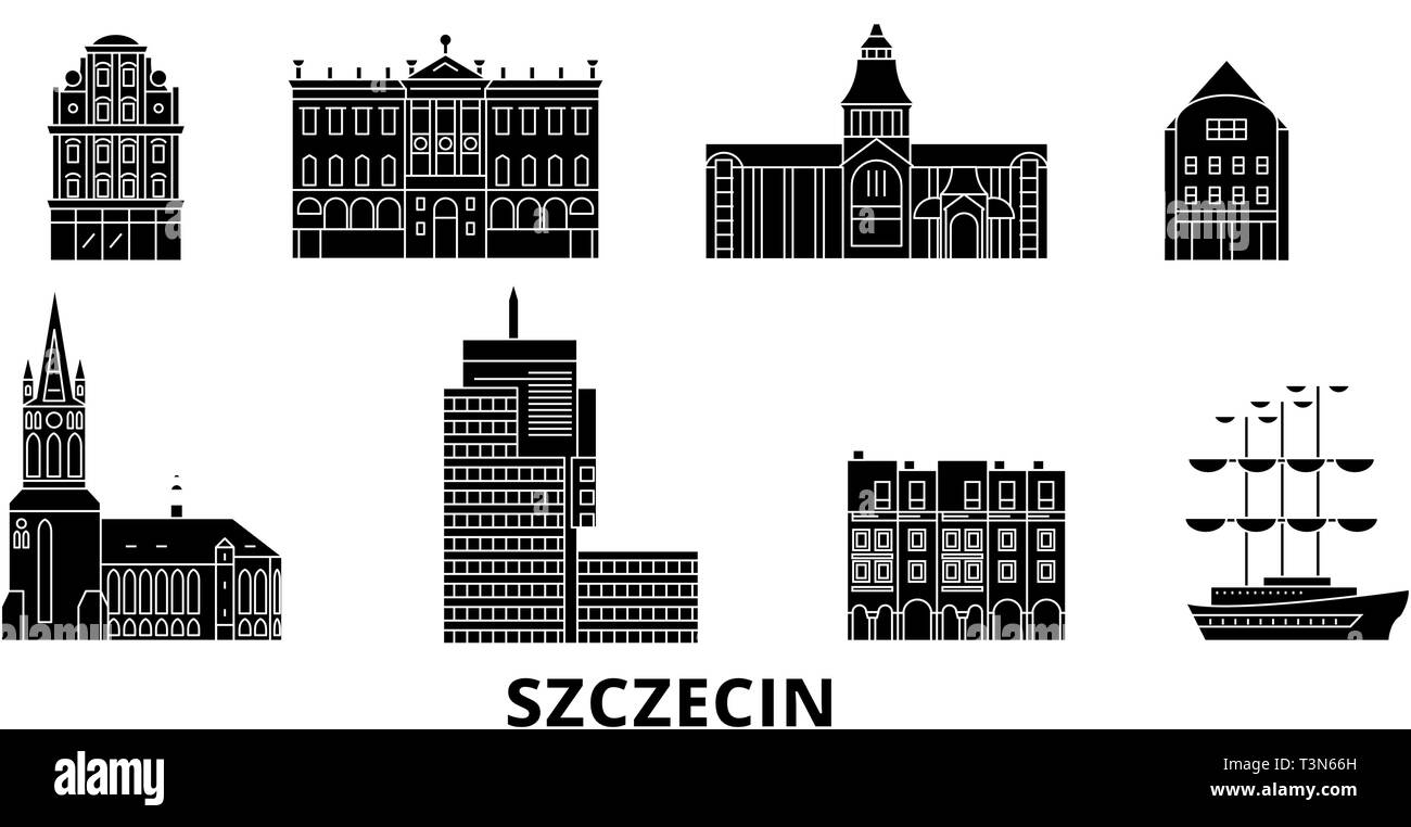 Polen, Szczecin Flachbild reisen Skyline. Polen, Szczecin schwarz Stadt Vektor-illustration, Symbol, Reisen, Sehenswürdigkeiten, Wahrzeichen. Stock Vektor