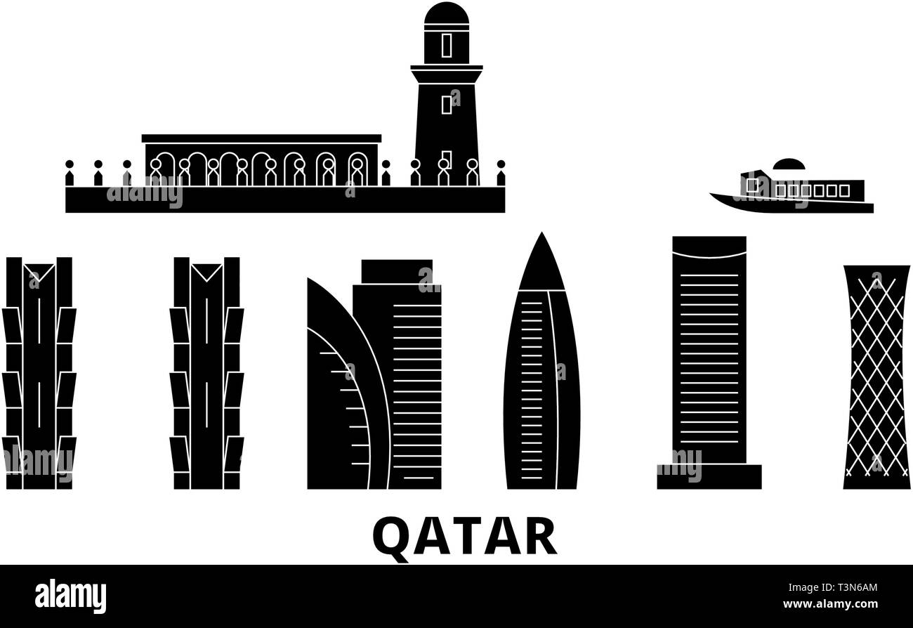 Katar, Doha Flachbild reisen Skyline. Katar, Doha schwarz Stadt Vektor-illustration, Symbol, Reisen, Sehenswürdigkeiten, Wahrzeichen. Stock Vektor