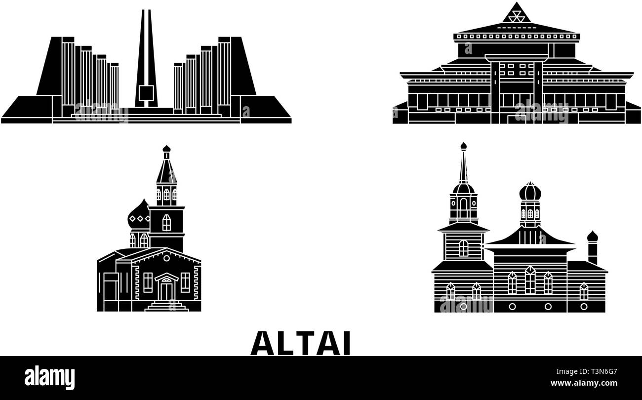 Russland, Gorno Altaysk Flachbild reisen Skyline. Russland, Gorno Altaysk schwarz Stadt Vektor-illustration, Symbol, Reisen, Sehenswürdigkeiten, Wahrzeichen. Stock Vektor