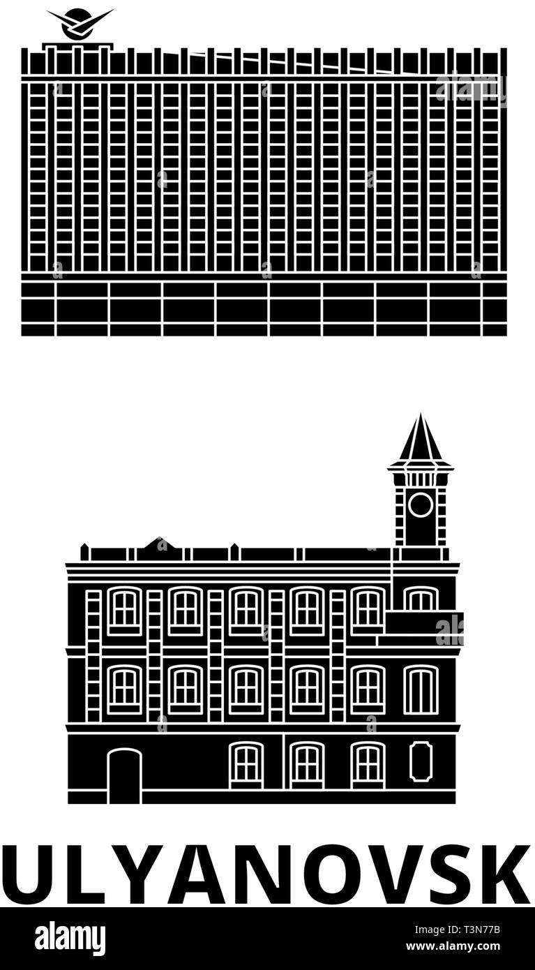 Russland, Uljanowsk Flachbild reisen Skyline. Russland, Perm schwarz Stadt Vektor-illustration, Symbol, Reisen, Sehenswürdigkeiten, Wahrzeichen. Stock Vektor