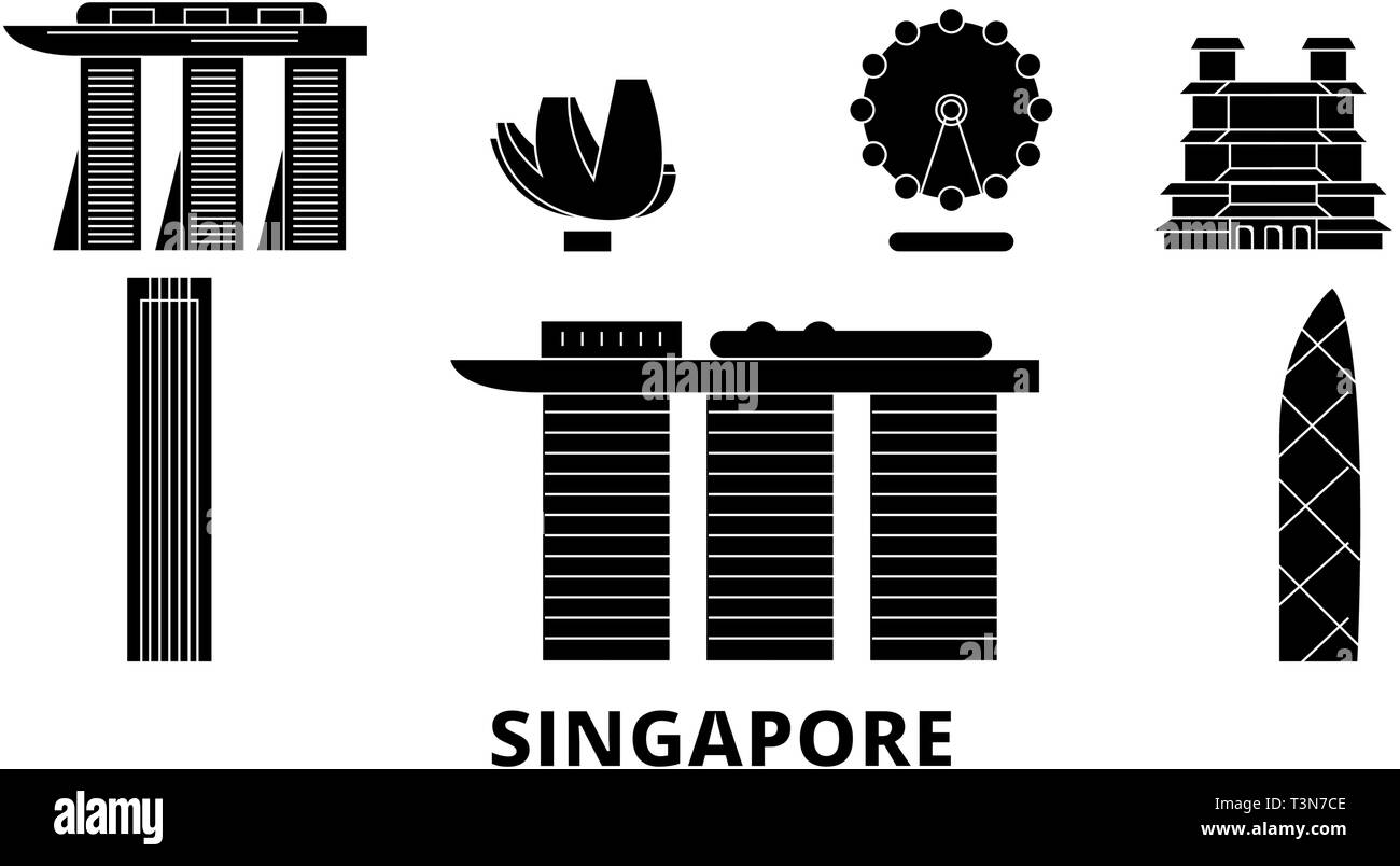 Singapur City Wohnung reisen Skyline. Singapur Stadt schwarz Stadt Vektor-illustration, Symbol, Reisen, Sehenswürdigkeiten, Wahrzeichen. Stock Vektor